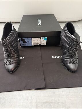 CHANEL Black Leather Floral Button Ankle Booties